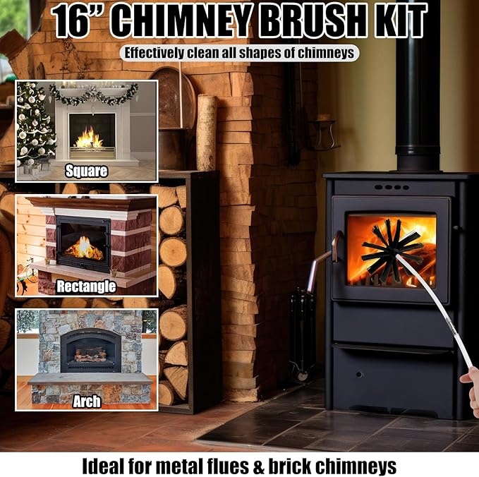 Wire Chimney Cleaning Brush with 1/4" Npt Fitting and 12 Rods, 6 Inch Round Steel Chimney Cleaning Brush and 16 Inch Fiberglass Rods for Hearth Fireplace (Split Type)
