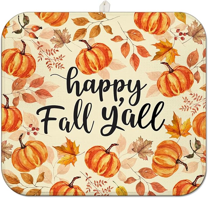 Fall Dish Drying Mat for Kitchen Counter,Autumn Pumpkin Maple Leaf Pattern Microfiber Drying Mat,Washable Absorbent Countertop Harvest Thanksgiving Dish Mat Drain Mat,16x18 Inch