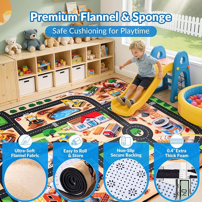Kids Rug, 3x5 FT Construction Site Car Rug Play Mat, Soft & Durable, Non-Slip, Machine Washable, Cartoon Construction Site Pattern Car Carpet Playmat for Kids Room, Playroom & Nursery