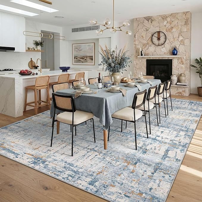 10x14 Extra Large Washable Area Rug, Soft Abstract Vintage Rug for Living Room, Bedroom, Office, Farmhouse, Low Pile Imitation Wool Non Slip Carpet Ideal for High-Traffic Areas, Blue Beige