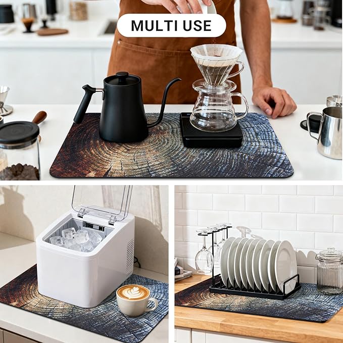 Coffee Drip Mat 20x12 Inch, Wood Grain Stump Design, Absorbent Hide Stain Rubber Backed Dish Drying Mat for Kitchen Counter, Bar Mat for Countertops, Under Coffee Maker Machine Pot Espresso Machine
