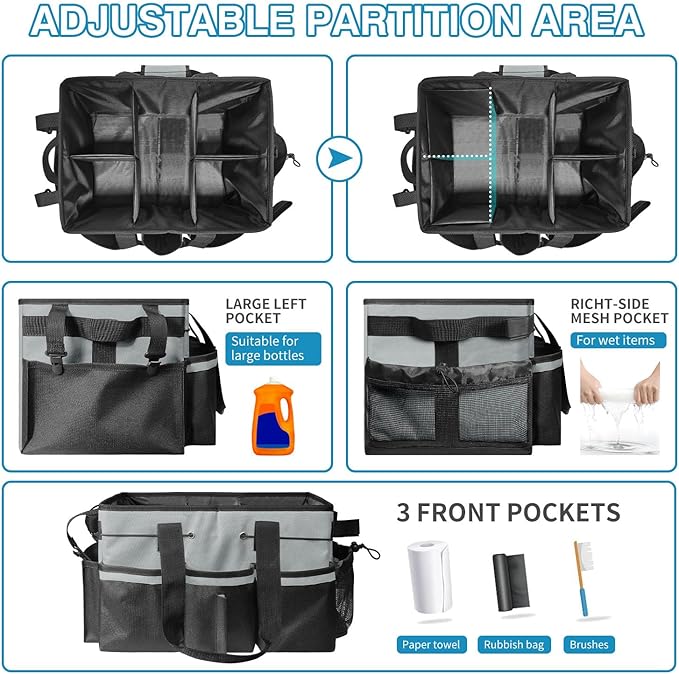 Cleaning Tool Organizer Bag with Handles | Large Waterproof Cleaning Caddy, 17.8x12.2x9.3in | Detachable Shoulder Strap & Dividers | for Car Detailing, Housekeeping, Cleaners (Grey)