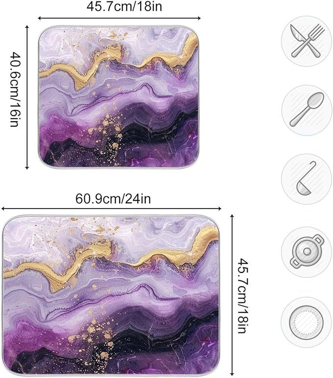 Marble Purple Gold Dish Drying Mat for Kitchen Countertop 18x24 Tie Dye Rectangle Large Drying Mat Reusable Quick Dry Dish Sink Absorbent Mats Dishwasher Easy Clean Decorative Home Decor Essentials