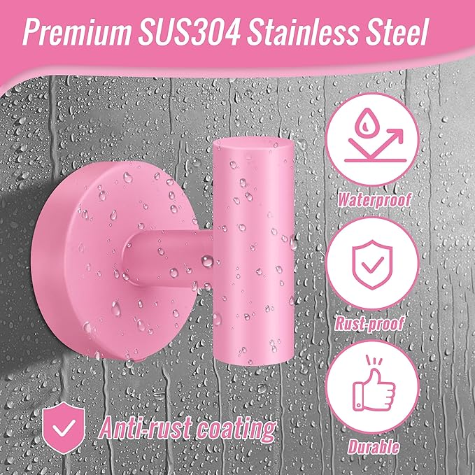 Towel Hooks, SUS 304 Stainless Steel Hooks, Heavy Duty Door Hanger Towel Robe Clothe Cabinet Closet Sponges Hook for Bathroom Kitchen Garage Gotel (Pink, 4 Pcs)