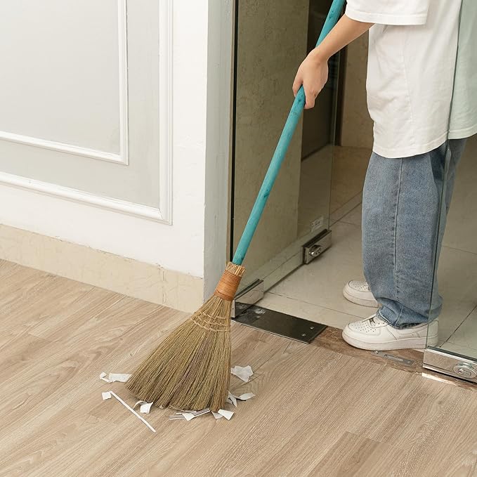 Vietnamese Straw Soft Broom - Sweeping Broom with Green Wooden Handle for Cleaning, Decoration, Wedding with 45.28inch Length