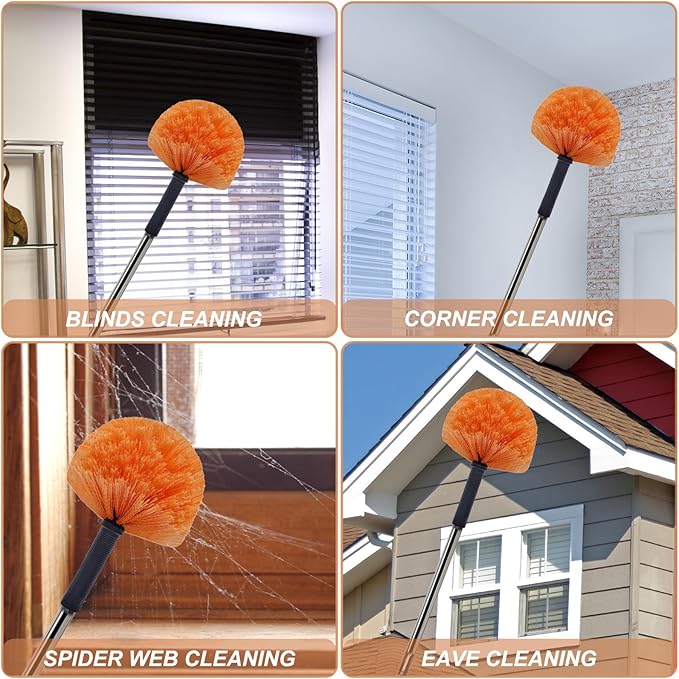 Orange Twist-On Cobweb Duster Head Brush, Fits Standard 3/4 inch Threaded Poles, Attachment Brush, Spider Web Duster Brush for Outdoor & Indoor Cleaning - 1 Pack