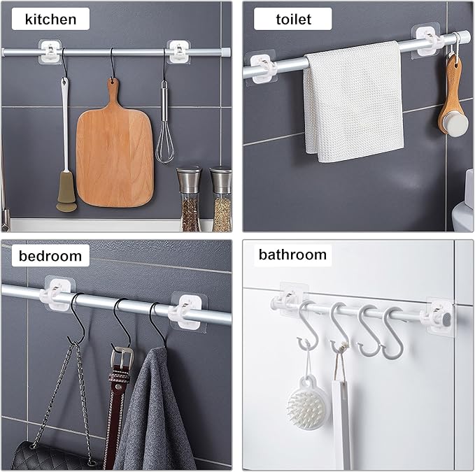 14PCS No Drill Curtain Rod Brackets No Drilling Self Adhesive Curtain Rod Holder Hooks Nail Free Adjustable Curtain Rod Hooks Curtain Hangers for Bathroom Kitchen Home Bathroom and Hotel (White)