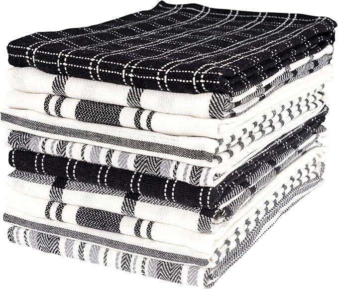 KAF Home Assorted Flat Kitchen Towels |100% Cotton - 18 x 28 inches | Ultra Absorbent Soft Dish Towels | Perfect for Cooking, Cleaning, and Drying Hands (Black, 18 x 28-10 Pack)