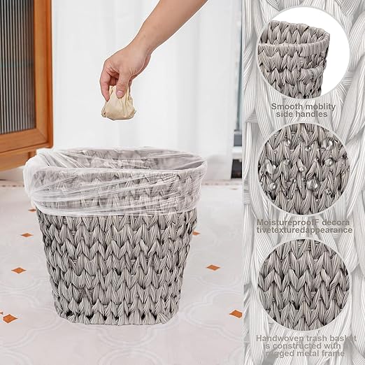 Wicker Trash Can,Waterproof Bathroom Waste Basket,Plastic Wicker Woven Waste Basket with Built-in Handles, 19 Liters/5 Gallons,Decorative Boho Rubbish Bin for Bedroom, Office, Kitchen, Laundry (gray)