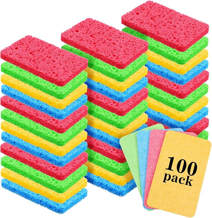 100 Pcs Kitchen Sponges Bulk, Natural Compressed Cellulose Sponges for Dishes, Non-Scratch Reusable Cleaning Sponge Soft Washing Scrubbers for Kitchen Bathroom (Multicolor)