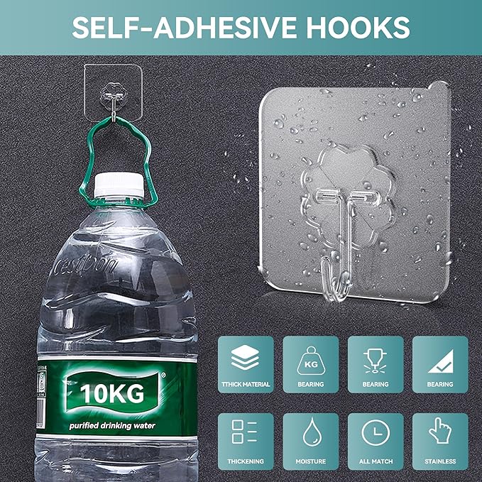 50 Pack Sticky Hooks for Hanging Heavy Duty, Wall Hook Adhesive, Transparent self Adhesive Hooks for Wall, Kitchen, Bathroom & Ceiling