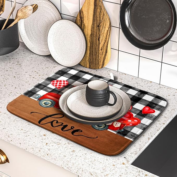 Valentine's Day Red Heart Truck Dish Drying Mat for Kitchen Counter,Black White Buffalo Plaid Love Drying Mat 16 x 18 Inch with Absorbent Reversible Microfiber Dish Drying Pad for Coffee Bar