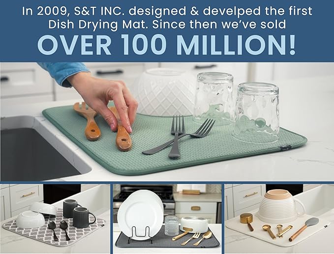 S&T INC. Dish Drying Mat Jumbo, 18” x 30”, Absorbent Microfiber Kitchen Counter Mat, Dish Drying Pad for Dishes, Utensils, Pots and Pans, Jumbo, Grey Stone