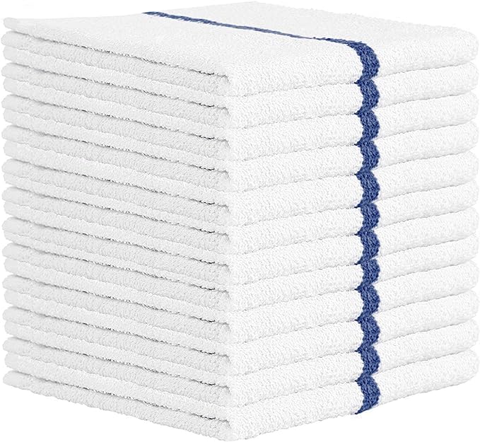 Nabob Wipers Kitchen Bar Mop Terry Towels 12 Pack - 100% Cotton - Size 14x17 - Perfect for Your Home, Kitchen, Bathroom, Bars, Restaurants & Auto - Super Absorbent (Blue Stripe)
