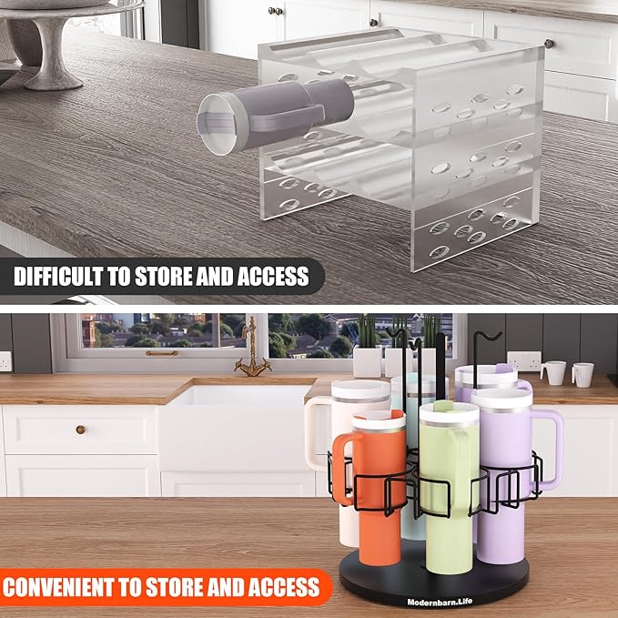 Water Bottle Organizer for Cabinet or Counter - Rotating Non-Slip Tumbler Organizer Holder for Stanley 40 Oz Cup with Handle - 2-In-1 Tumbler Display Storage Rack & Water Bottle Drying Rack - Black