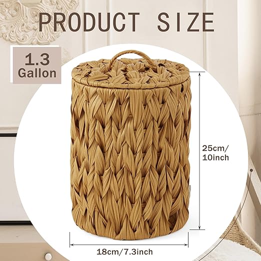Ctosree 1.3 Gallons Small Trash Can with Lid Handle Boho Woven Braided Bathroom Waste Basket Trash Can with 100 Garbage Bags for Bedroom Office Laundry(Caramel Color,Braided Polypropylene,Round)