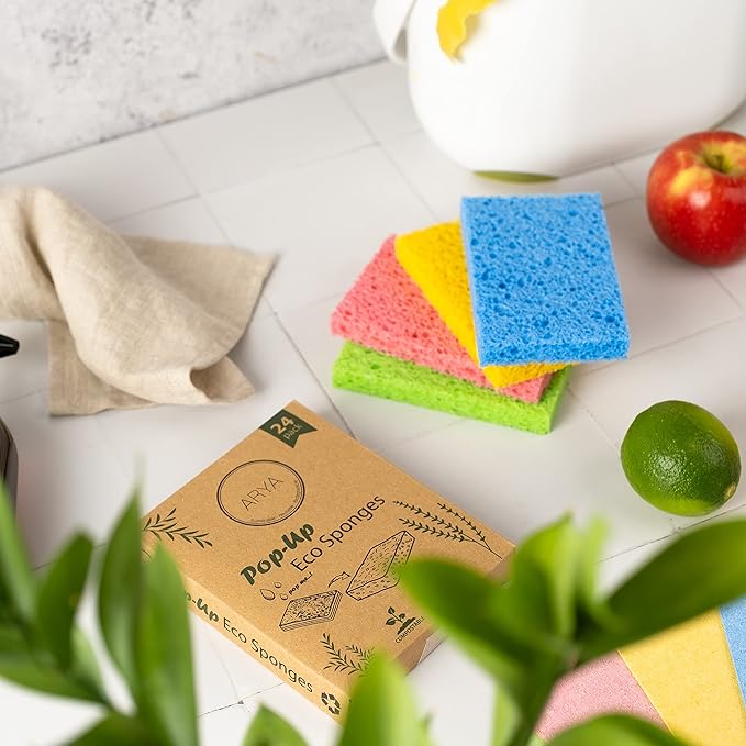 ARYA. | Pop-Up Eco Sponges 24 Pack | Natural Cellulose | Compostable & Biodegradable | Compressed Kitchen & Bathroom Sponges | Plastic-Free & Non-Scratch (24)