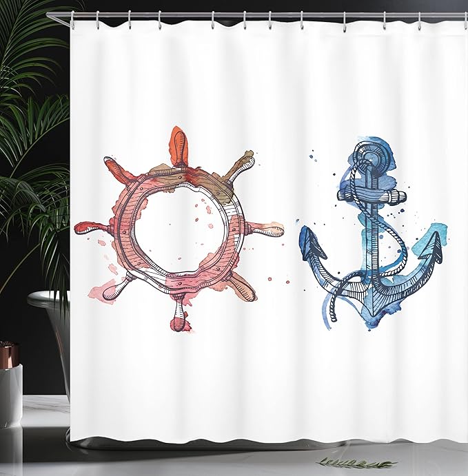 Ambesonne Nautical Shower Curtain, Illustration of an Anchor and Steering Wheel Watercolors Splashes Ink Brush Effects, Cloth Fabric Bathroom Decor Set with Hooks, 69" W x 70" L, Pink Blue