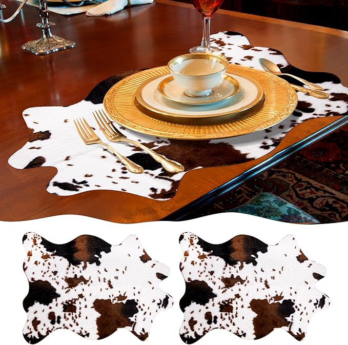2 Pack Mini Faux Cowhide Rug, Mini Rustic Cowhide Rug Cute Rural Western Animal Pattern Decorative Rugs for Table Mat Decoration, Cowboy Parties, 19.6" W x 23.6" L