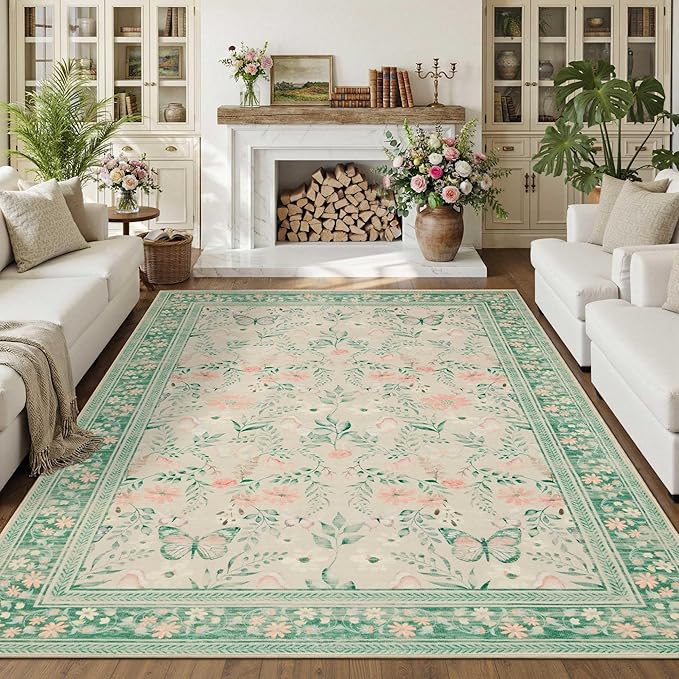 Floral Rug for Living Room Bedroom, 6x9 Washable Rug, Green Vintage Boho Area Rug, Large Non Slip Low Pile Wool Carpet for Indoor Dining Room,Girls Kids Room and Nursery Room(Sage Green 6x9ft)