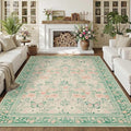 Floral Rug for Living Room Bedroom, 6x9 Washable Rug, Green Vintage Boho Area Rug, Large Non Slip Low Pile Wool Carpet for Indoor Dining Room,Girls Kids Room and Nursery Room(Sage Green 6x9ft)