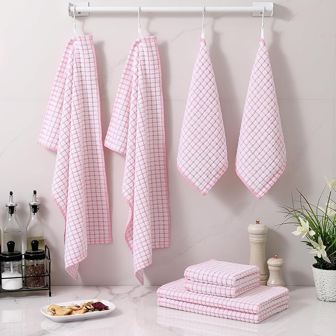 Homaxy Kitchen Towels and Dishcloths Set, 16 x 25 and 12 x 12 Inches, Set of 8 Cotton Terry Kitchen Dish Towels, Super Soft and Absorbent Dish Cloths, Pink