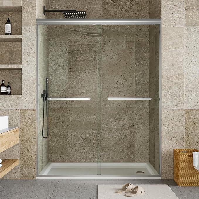 56"-60" w x 72" H Double Sliding Shower Door, Semi-Frameless Bypass Bathroom Door with 5/16" Tempered Glass,Brushed Nickel Finish for Walk-in Shower