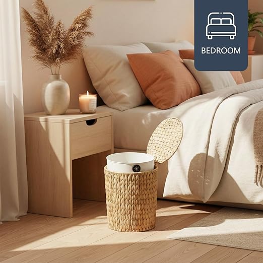 4 Gallon Wicker Trash Can with Lid, Small Bathroom Trash Can, Water Hyacinth Woven Waste Basket, Rattan Boho Decorative Garbage Can with Removable Liner for Bedroom, Home Office (Round,Natural)