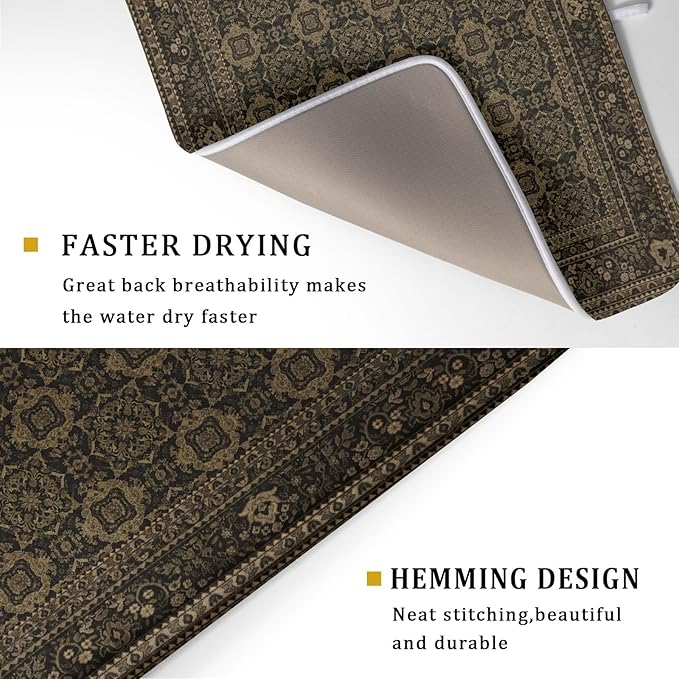 Brown Antique Tabriz Rug Dish Drying Mat for Kitchen Counter,Retro Turkish Vintage Floral Block Print Drying Mat 18 x 24 Inch with Absorbent Reversible Microfiber Drying Pad for Coffee Bar