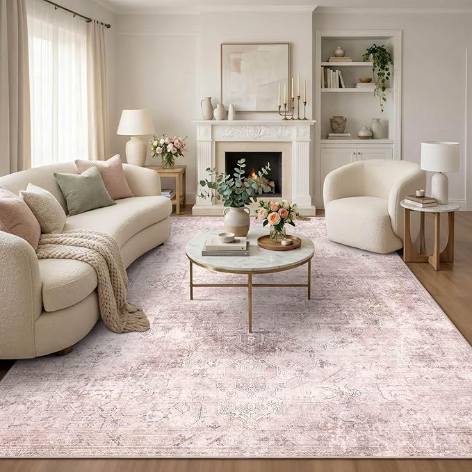 Vintage 8x10 Living Room Pink Rugs, Washable Large Area Rugs for Girls Bedroom, Dining Room, Kitchen, Non Slip Low Pile Soft Floor Cute Carpets for Kids Nursery, Classroom, Farmhouse, Office