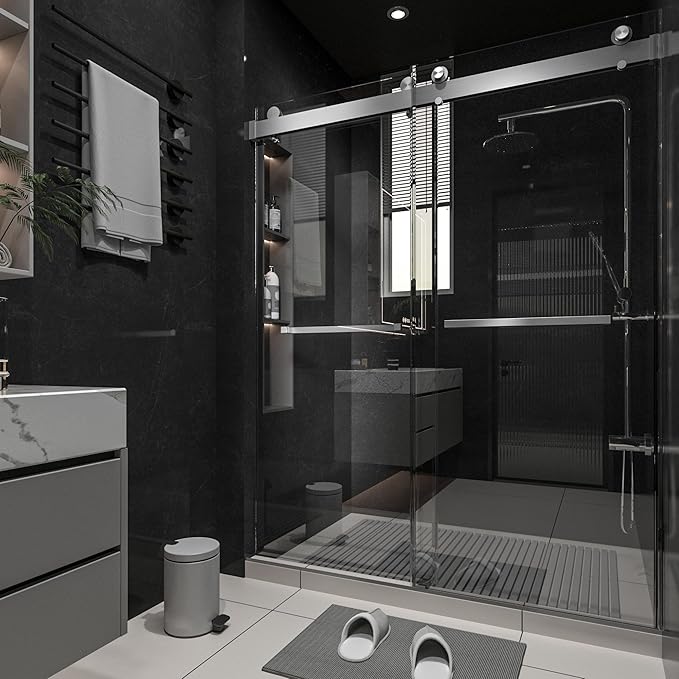 Shower Door 56–60 in W x 76 in H, 3/8" Tempered Glass Double Sliding Shower Door, Frameless Brushed Nickel, Exquisite Rolling Track Design, Reversible Installation for Modern Bathroom