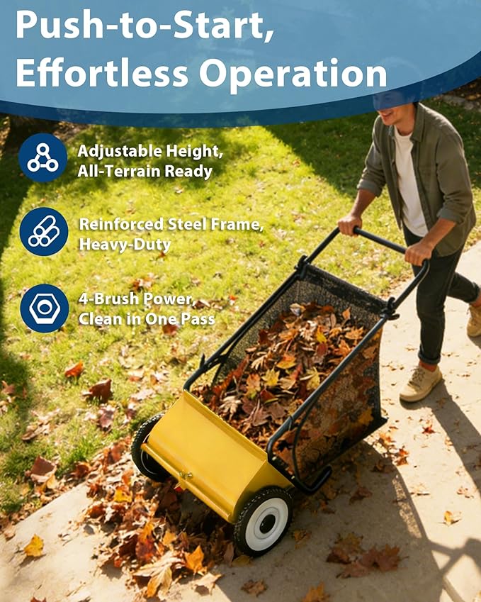 Push Lawn Sweeper, 26 Inch Extra-Wide 4-Brush System, 7 cu.ft. Mesh Bag, Heavy Duty Steel Frame, Height-Adjustable Yard & Garden Cleaner for Leaves and Grass, Yellow