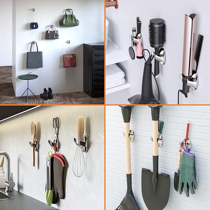 Chrome Cherry NEATERLY Broom and Mop Holder - Stick On Wall Organizer for Bathroom and Kitchen, Optional Screws Included (5-Pack)