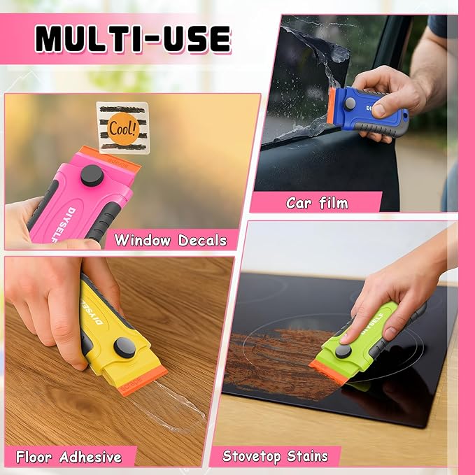 DIYSELF 2 Pcs Plastic Razor Blade Scraper with 10 Pcs Blades, Plastic Scraper Tool for Adhesive Remover, Scrapers for Cleaning Stickers, Decals, Glass, Windows, Car, No Scratches (Red)