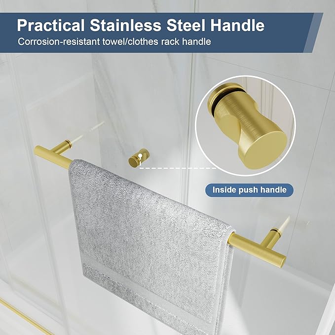 Frameless Double Sliding Shower Doors, 43-48" W x 76" H Shower Glass Door, 1/4" (6mm) Thick ANSI Certified Tempered Glass with Explosion-Proof Film and Nano Coating, Brushed Gold