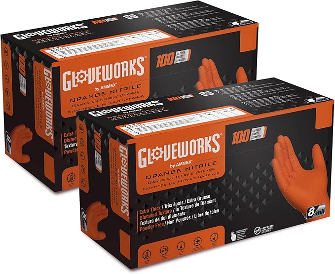 GLOVEWORKS 8 Mil Orange Nitrile Disposable Gloves Heavy Duty Industrial RDT for Mechanic and Automotive Shops Latex Free