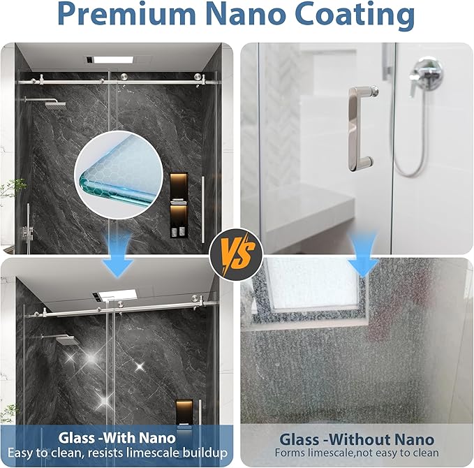 KPUY Frameless Shower Door, 55-60" W x 76" H Sliding Glass Shower Door, 1/4" (6mm) Thick Tempered Clear Glass with Explosion-Proof Film Nano Coating, Stainless Steel Hardware, Brushed Nickel