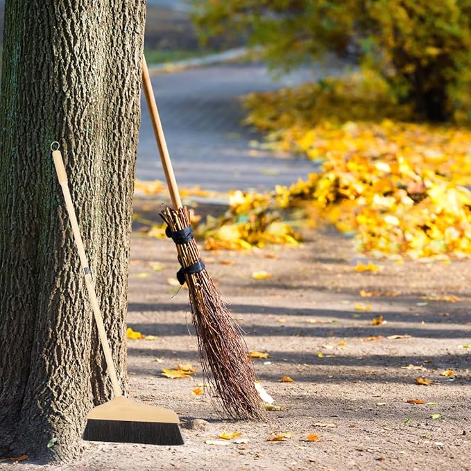 Mikikit Horsehair Broom with Long Handle Soft Pine Bristles Anti-Static Home Broom for Hardwood Floors Carpets Indoor Cleaning