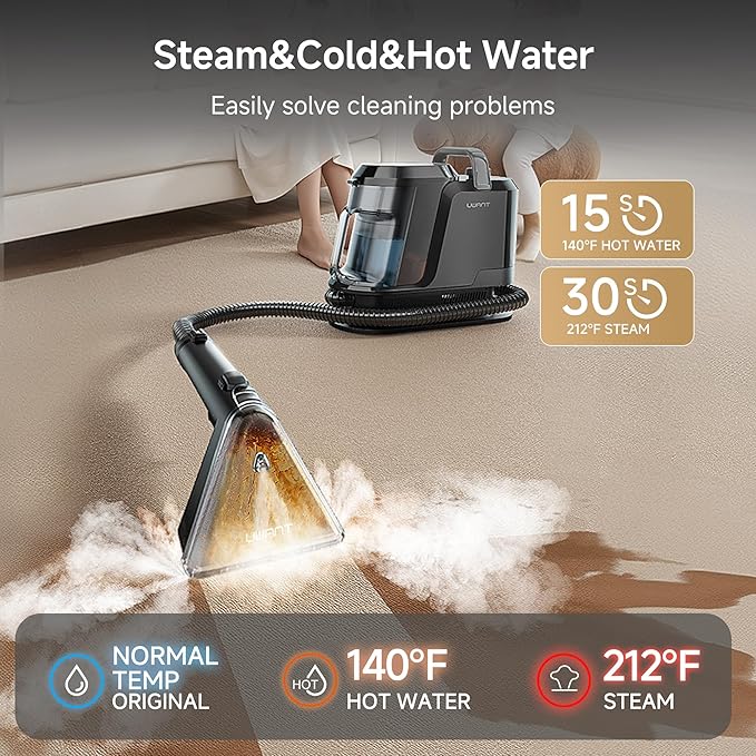uwant Carpet Cleaner Machine with Steam&Hot&Cold Water System 18Kpa Powerful Suction Upholstery Cleaner Machine with Textile Cleaner for Pets, Carpet Steam Cleaner with Specialty Tools for Cars