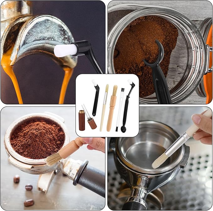6pcs Coffee Cleaning Brush Set, Natural Bristle Coffee Grinder Brush Long Handle Barista Espresso Machine Cleaning Tools for Maker Cups Portafilters