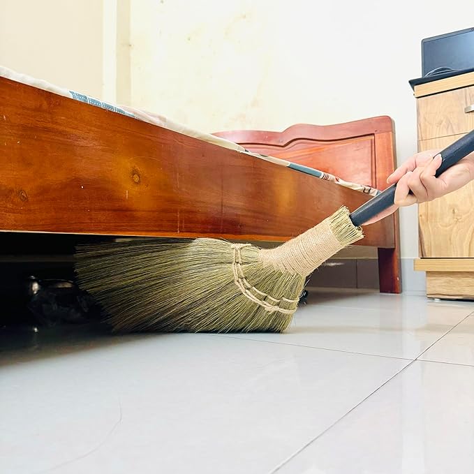 Vietnamese Broom 46.46inch Length - Brooms for Sweeping Indoor Outdoor - Black Long Wooden Handle Natural Soft Broom for Jumping, Weeding, Decoration