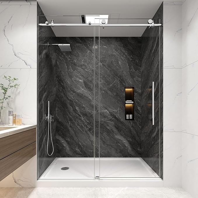 KPUY Frameless Shower Door, 43-48" W x 76" H Sliding Glass Shower Door, 1/4" (6mm) Thick Tempered Clear Glass with Explosion-Proof Film Nano Coating, Stainless Steel Hardware, Chrome