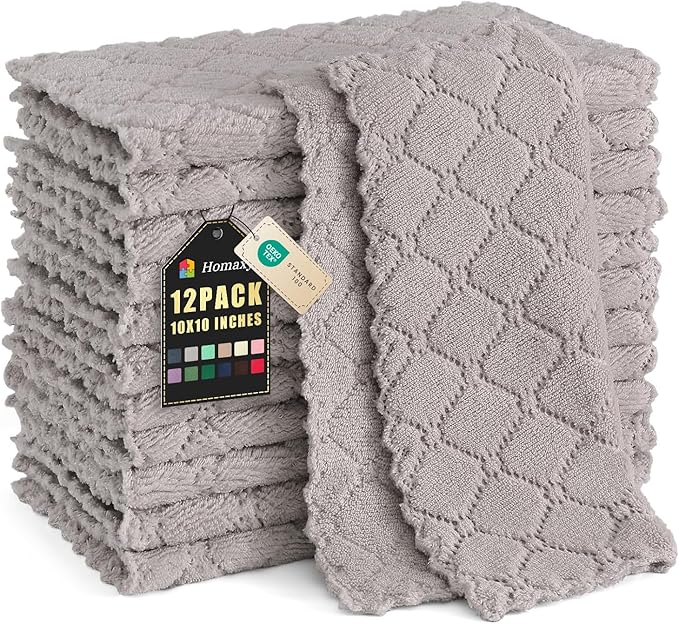 Homaxy 12 Pack Kitchen Dish Cloths (10 x 10 Inches, Grey), Super Soft and Absorbent Coral Velvet Dish Towels, Nonstick Oil Fast Drying Microfiber Cleaning Cloth, No Lint Household Dishcloths