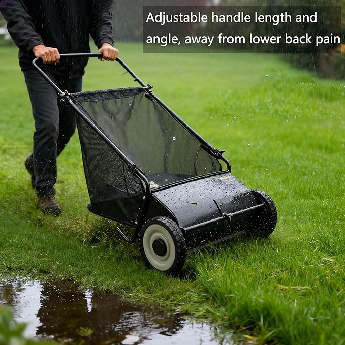 Lawn Push Sweeper, 26" Sweeping Width Floor Sweeper, 7 Cu. Ft. Hopper Capacity, 4 Spinning Brushes, Angle & Height Adjustable Folding Handle for for Leaves and Grass, Yard, Garage, Patio (26“)