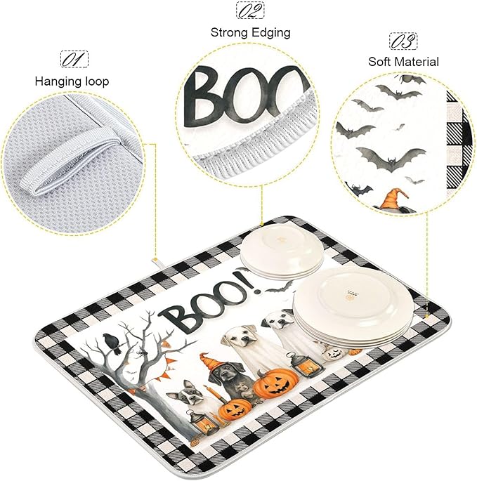 Halloween Dogs Dish Drying Mat for Kitchen Countertop 16x18 Raven Bat Pumpkin Black Buffalo Plaid Small Drying Mat Reusable Quick Dry Dish Sink Mats Easy Clean Decorative Essentials