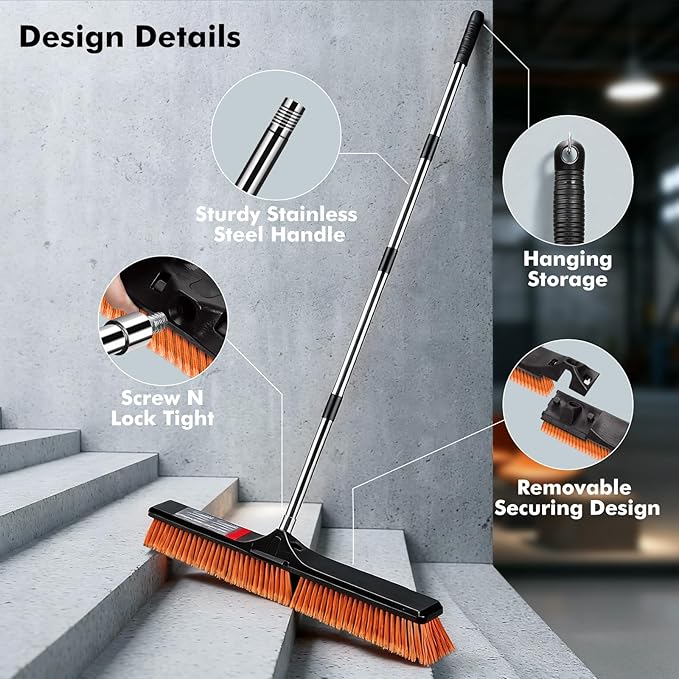 24" Push Broom, Heavy Duty Outdoor Commercial Broom for Cleaning with 55" Long Handle and Stiff Bristles, for Driveway Garage Yard Patio Warehouse Concrete Floor Cleaning,Orange