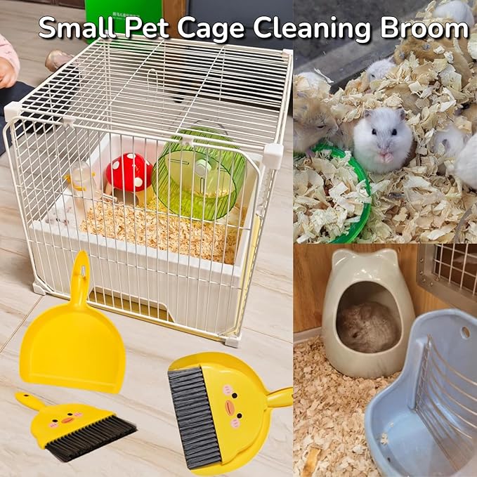2 PCS Mini Brush and Dustpan Set Plastic Small Yellow Chick Pattern Broom Used for Desk Home Kitchen, Cage Cleaner for Small Animals, Guinea Pigs Hamsters Chinchillas Rabbits (Yellow Chick - 2pcs)