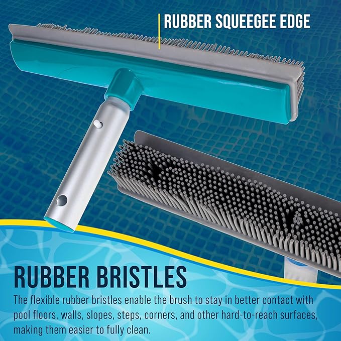 U.S. Pool Supply 13" Pool Brush with Rubber Bristles and Squeegee Edge - Safe for Vinyl Liners, Ideal for Above-Ground Pools, Aluminum Pole Handle - Scrub Leaves Debris from Walls, Floors, Corners