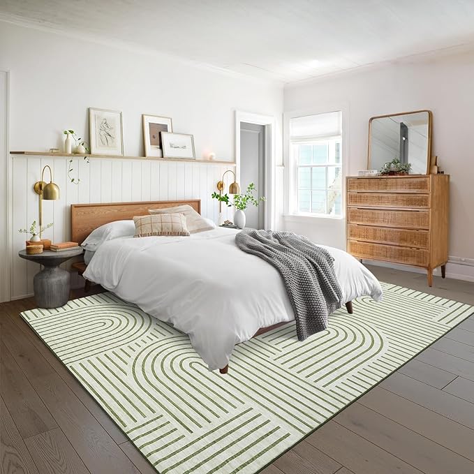 Washable Rug 4x6 Area Rugs for Living Room, Abstract Rug for Bedroom, Soft Rainbow Non Slip Throw Rugs with Rubber Back, Low Pile Stain Resistant Boho Geometric Carpet for Dining Room, Green