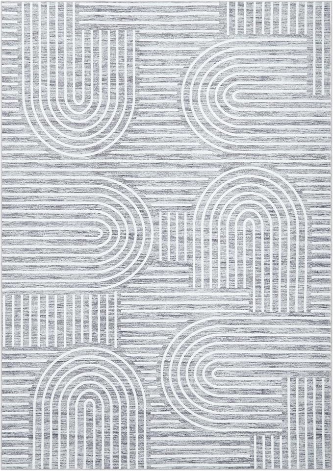 Washable Rug 5x7 Area Rugs for Living Room, Abstract Rug for Bedroom, Soft Rainbow Non Slip Throw Rugs with Rubber Back, Low Pile Stain Resistant Boho Geometric Carpet for Dining Room, Ash